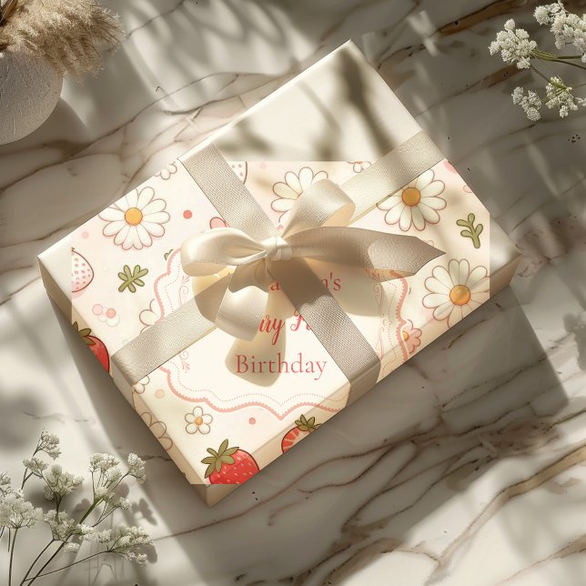 Papel De Presente Primeiro primeiro aniversario de Morango Rosa (Criador carregado)