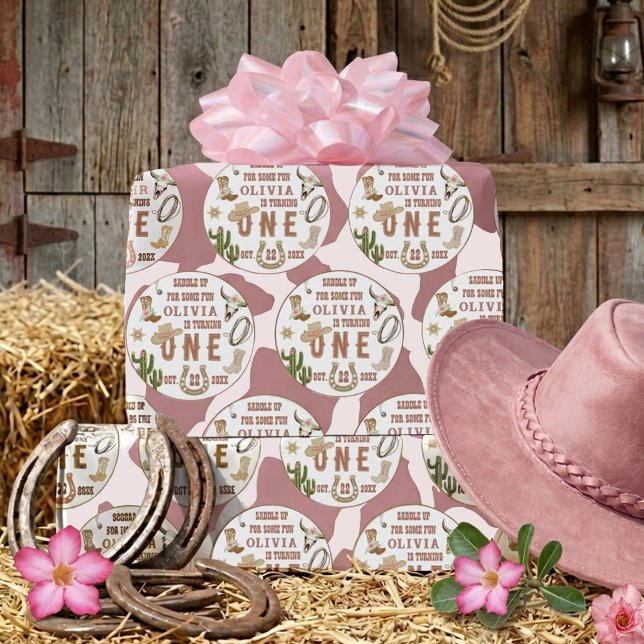 Papel De Presente Primeiro Rodeio Rosa Vaqueira Ocidental Aniversári (Criador carregado)