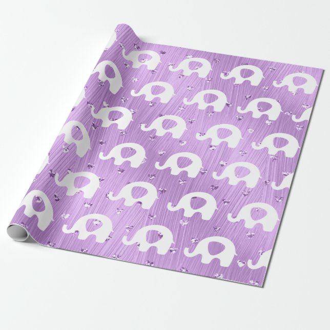 Papel De Presente Princesa Chá de fraldas de Elefante Branco Roxo (Desenrolado)