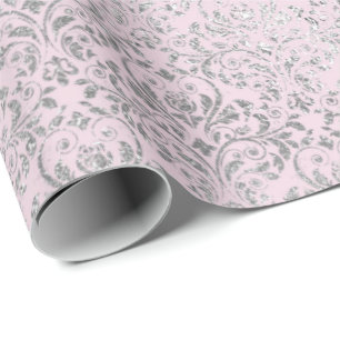 Papel De Presente Princesa Real Rosa Prata Damask Shiny
