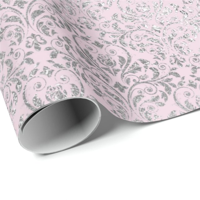 Papel De Presente Princesa Real Rosa Prata Damask Shiny (Ponta do rolo)