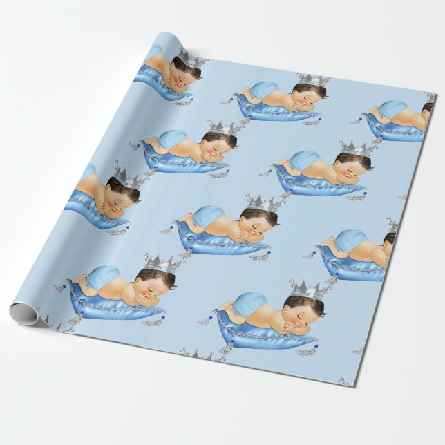 Papel De Presente Príncipe Real Bebê Azul e Travesseiro Menino Prata (Desenrolado)