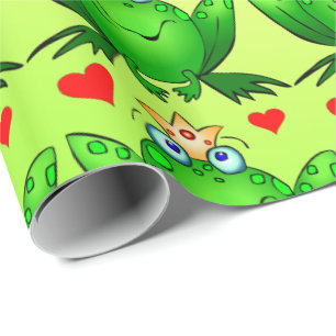 Papel De Presente Príncipe Sapo Corações Alegre Cartoon Verde
