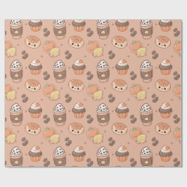 Papel De Presente Produtos Assados de Outono e Padrão Kawaii de Café