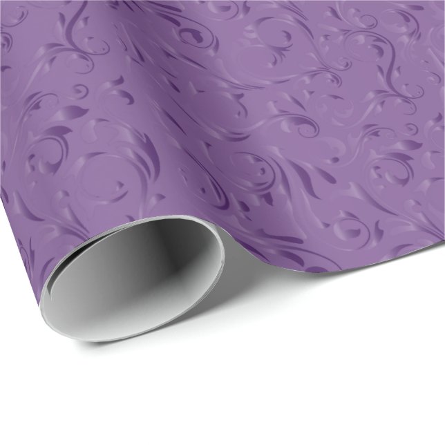 Papel De Presente Profundo elegante - design roxo do damasco (Ponta do rolo)