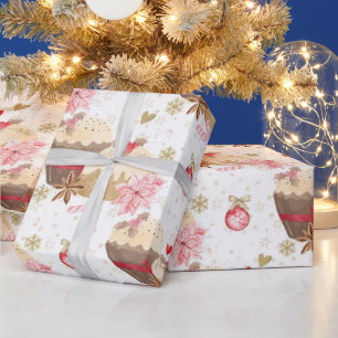 Papel De Presente Pudim de Natal com padrão Rosa e Dourado