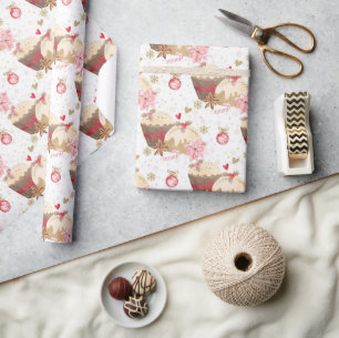 Papel De Presente Pudim de Natal com padrão Rosa e Dourado