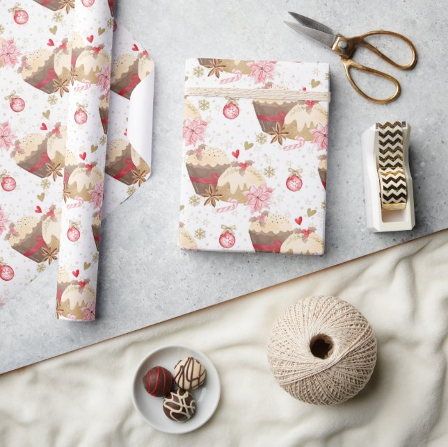 Papel De Presente Pudim de Natal com padrão Rosa e Dourado (Artesanato)