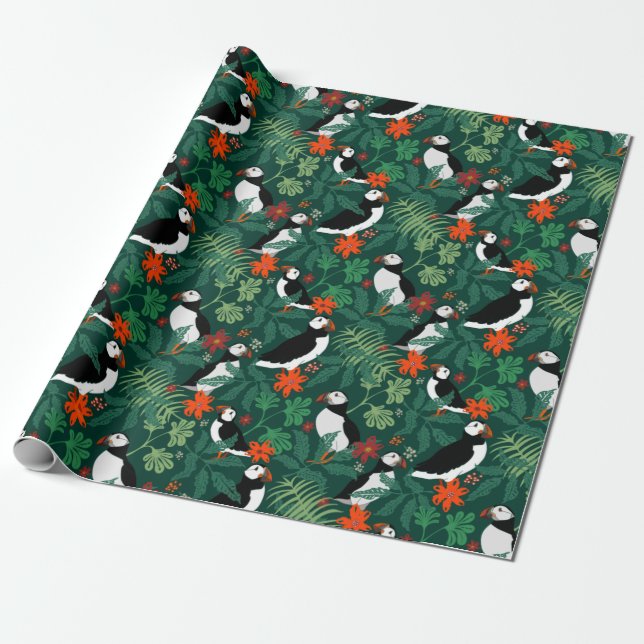 Papel De Presente Puffin Padrão Lush Verde (Desenrolado)