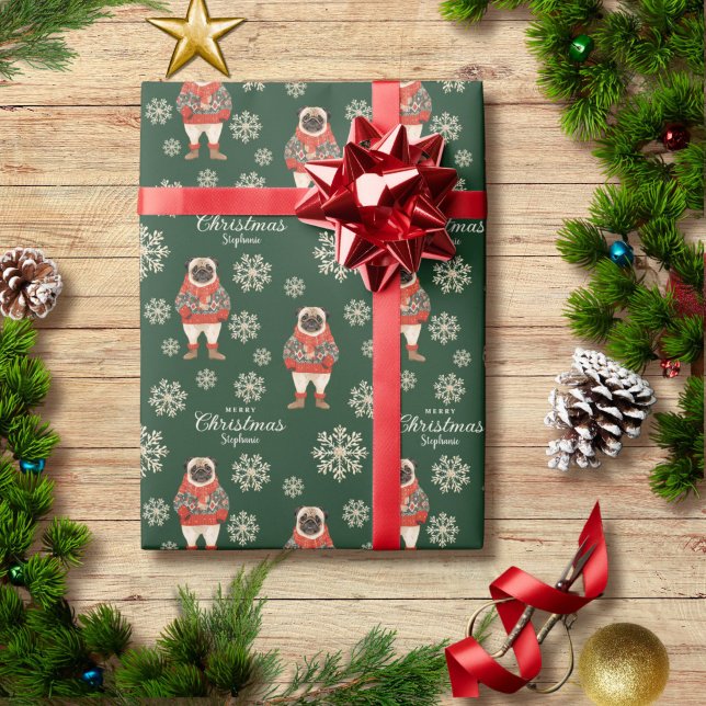 Papel De Presente Pug Aquarela Verde Cachorro Natal Personalizado (Criador carregado)