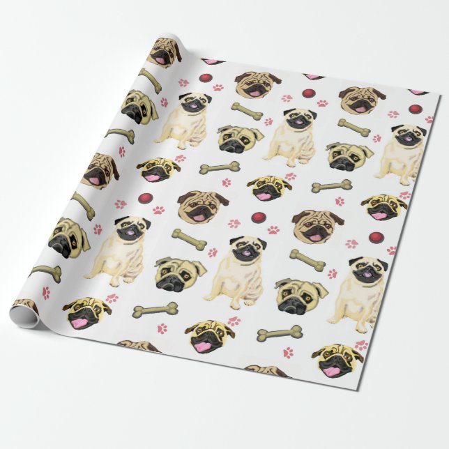 Papel De Presente Pug Celebration Wrapping Paper (Desenrolado)