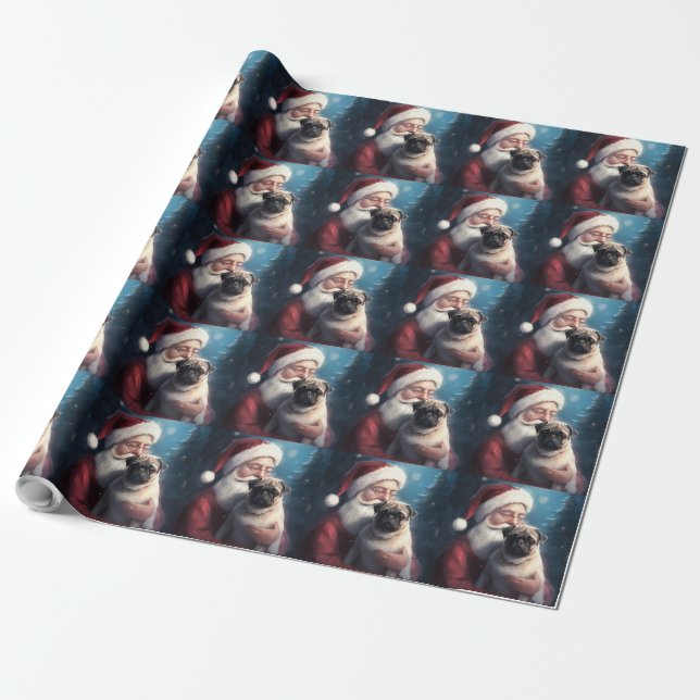 Papel De Presente Pug Com Papai Noel Natal Festivo (Desenrolado)