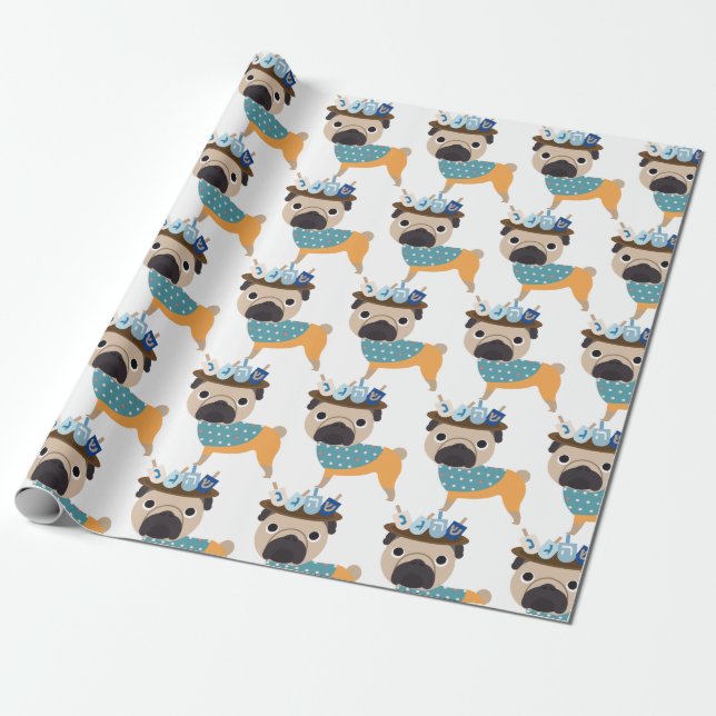 Papel De Presente Pug de Hanukkah Dreidel (customizável) (Desenrolado)
