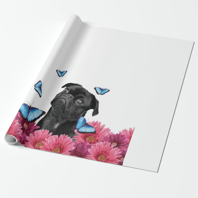 Papel De Presente Pug Gerbera Butterflies | Cachorro Negro (Desenrolado)