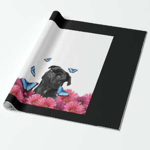 Papel De Presente Pug Preto Com Borboletas Azuis E Gerberas
