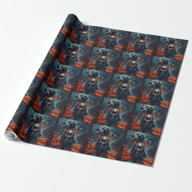 Papel De Presente Pug Riding Motorcycle Halloween Scary (Desenrolado)