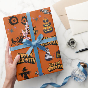Papel De Presente Pumpkin Gato de Pumpkin assustador de laranja