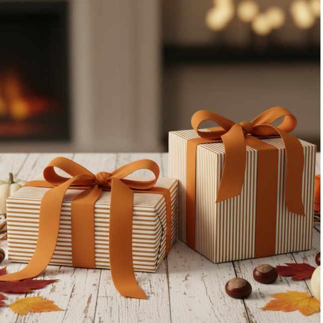 Papel De Presente Pumpkin Laranja e Stripes Brancas (Modern & Classic Pumpkin Orange Wrapping Paper. Trendy Pumpkin Orange & White Chic Stripes Pattern)
