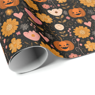 Papel De Presente Pumpkin Love with Hearts and Flowers