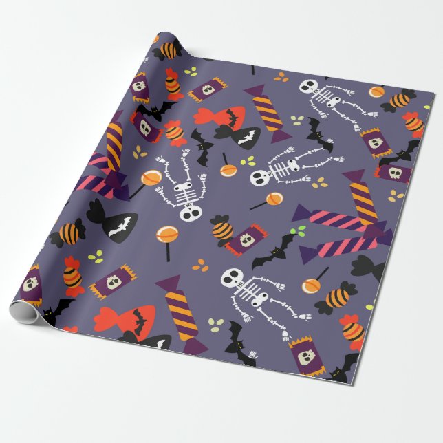 Papel De Presente Pumpkin Patch e Skeleton Halloween Envolvido (Desenrolado)