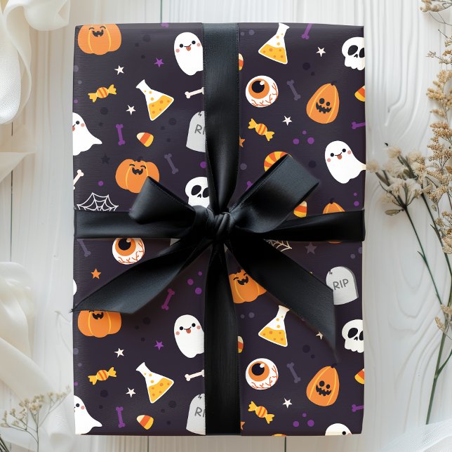 Papel De Presente Pumpkin Roxo Pólvora Fantasma Padrão de Halloween (Criador carregado)