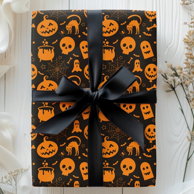 Papel De Presente Pumpkin Skull Ghost Spooky Padrão de Halloween (Criador carregado)