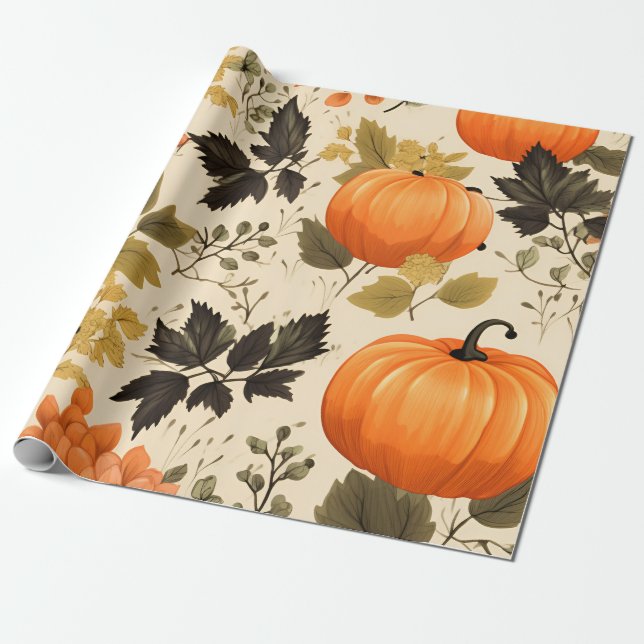Papel De Presente Pumpkins e Autumn Blooms (Desenrolado)