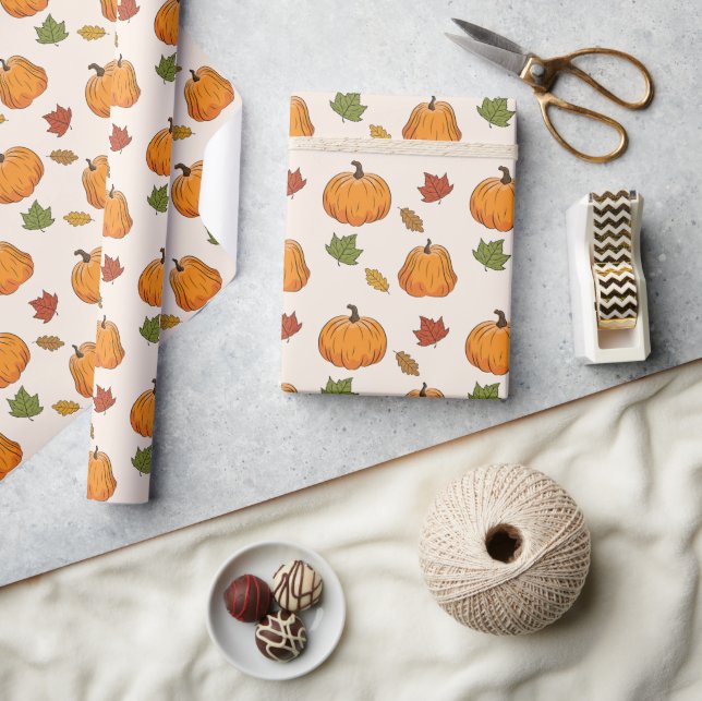 Papel De Presente Pumpkins Laranja E Padrão De Folhas De Outono (Artesanato)