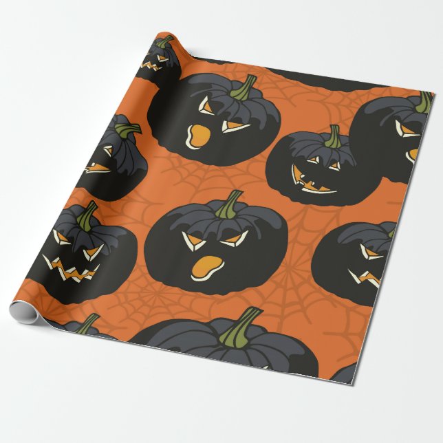 Papel De Presente Pumpkins preto no Dia das Bruxas em Laranja (Desenrolado)