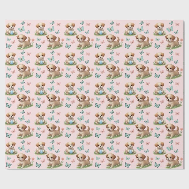 Papel De Presente Puppies and Butterflies Pattern Baby Bib (Aberto)