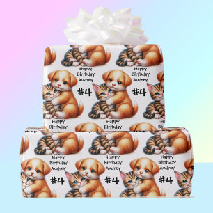 Papel De Presente Puppy & Kitten Hug Adicionar Nome e Idade Feliz An