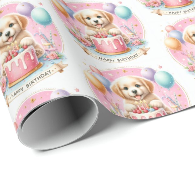 Papel De Presente Puppy Labrador - Pastel giro - Aniversário (Ponta do rolo)