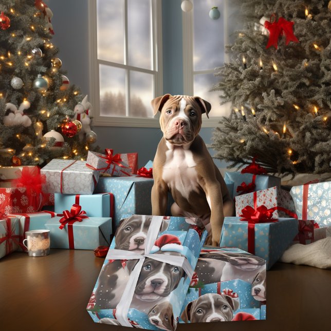 Papel De Presente Pups de pitbull branco e azul de Natal (Criador carregado)