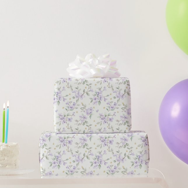 Papel De Presente Purple Flowers Gold Stars Moons Birthday (Presentes para festas)