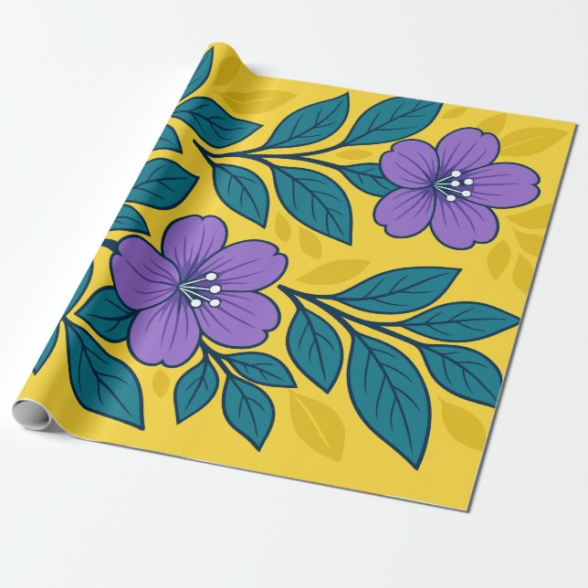 Papel De Presente Purple Flowers & Teal Leaves on Yellow Background (Desenrolado)
