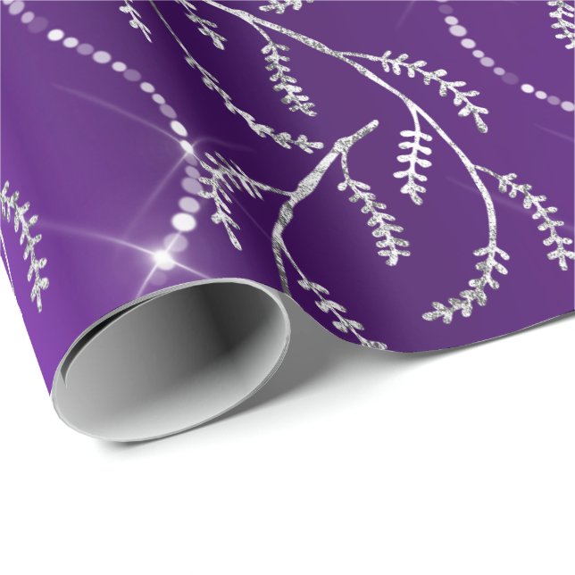 Papel De Presente Purple Plum Sparkly Laurel Silver Diamantes (Ponta do rolo)