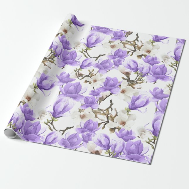 Papel De Presente Púrpura e Branca Magnolia Flor Padrão de Aquarela (Desenrolado)