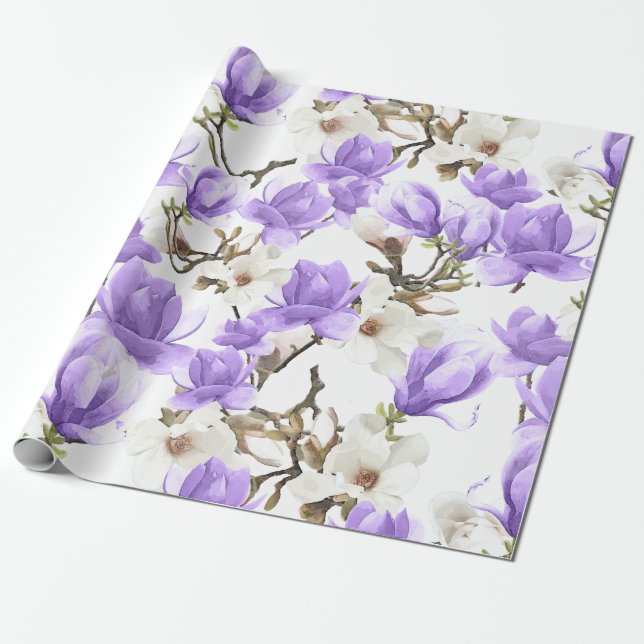 Papel De Presente Púrpura e Branca Magnolia Flor Padrão de Aquarela (Desenrolado)
