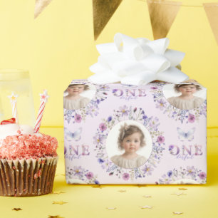 Papel De Presente Púrpura Flor Selvagem Primeira Foto de Aniversário
