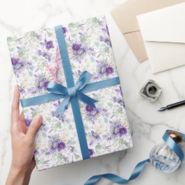 Papel De Presente Púrpura Pastel Delicada Folha de Ouro Botânica Flo