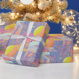 Papel De Presente Púrpura Verão Vaporwave Sunset e Palm Trees
