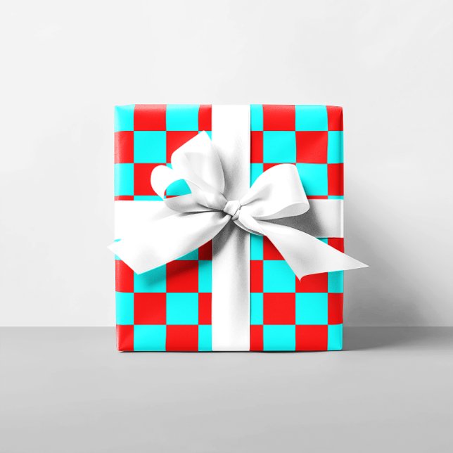 Papel De Presente Quadrados com Verificação de Vermelho e Aqua (Red and Aqua Checkered Squares Wrapping Paper)