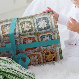 Papel De Presente Quadrados De Avó De Crochet De Retrato, Com Mantei