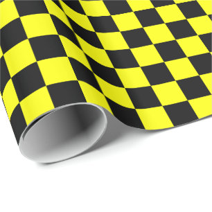 Papel De Presente Quadrados de Xadrez Amarelo e Preto