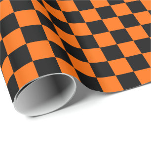 Papel De Presente Quadrados de Xadrez Laranja e Preto de Halloween