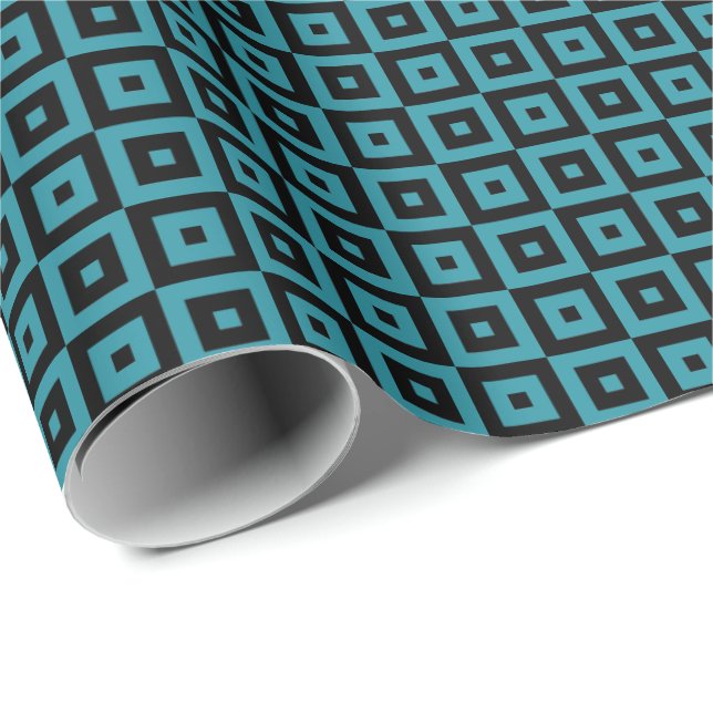 Papel De Presente Quadrados Geométricos Art Déco em Verde Azul e Pre (Ponta do rolo)