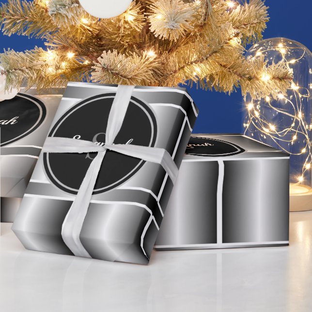 Papel De Presente Quadrados Geométricos de Preto Branco e prateado M (Feriados)