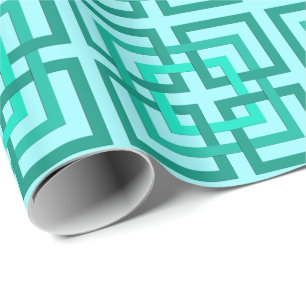 Papel De Presente Quadrados Geométricos Modernos, Água e Turquesa