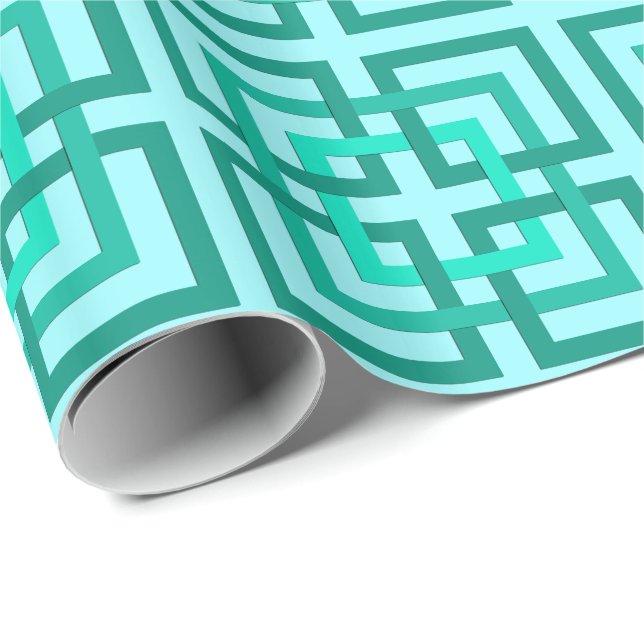 Papel De Presente Quadrados Geométricos Modernos, Água e Turquesa (Ponta do rolo)
