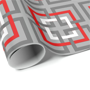 Papel De Presente Quadrados Geométricos Modernos, Cinzas, Vermelho